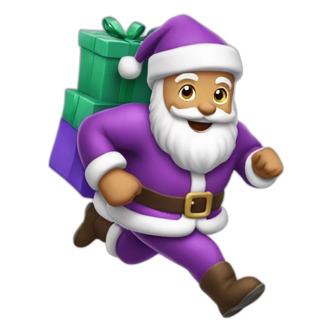 Santa Claus dressed in purple running to deliver presents sticker