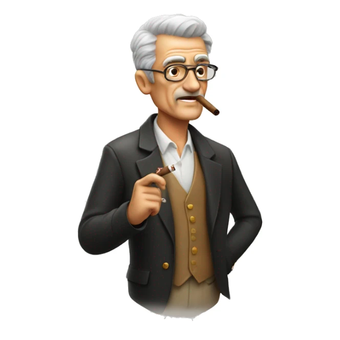 Older man, shaved and with a toupee, smoking a cigar sticker