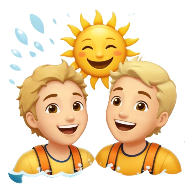Two friends, as seafaring explorers, splash each other in the ocean, laughing as their eyes lock in pure joy and appreciation. The sun glistens on the water, highlighting their deep connection and the simple happiness of the moment.  sticker