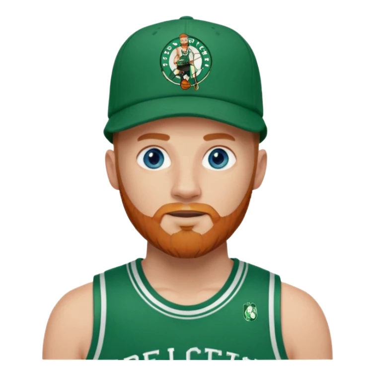 Bald white man with ginger beard and blue eyes in Jason Tatum Boston Celtics jersey over tshirt with Boston Celtics basketball logo on cap sticker