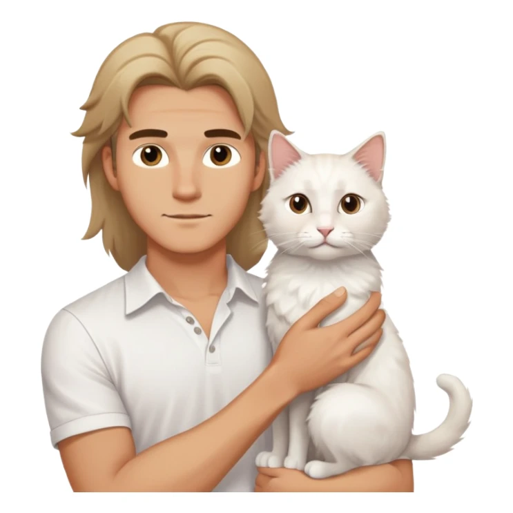 A young handsome Caucasian man in a white shirt holds a long-haired white cat sticker