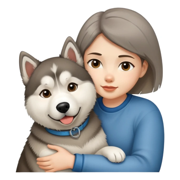 A short-haired girl hugs a Dog Alaskan Malamute sticker