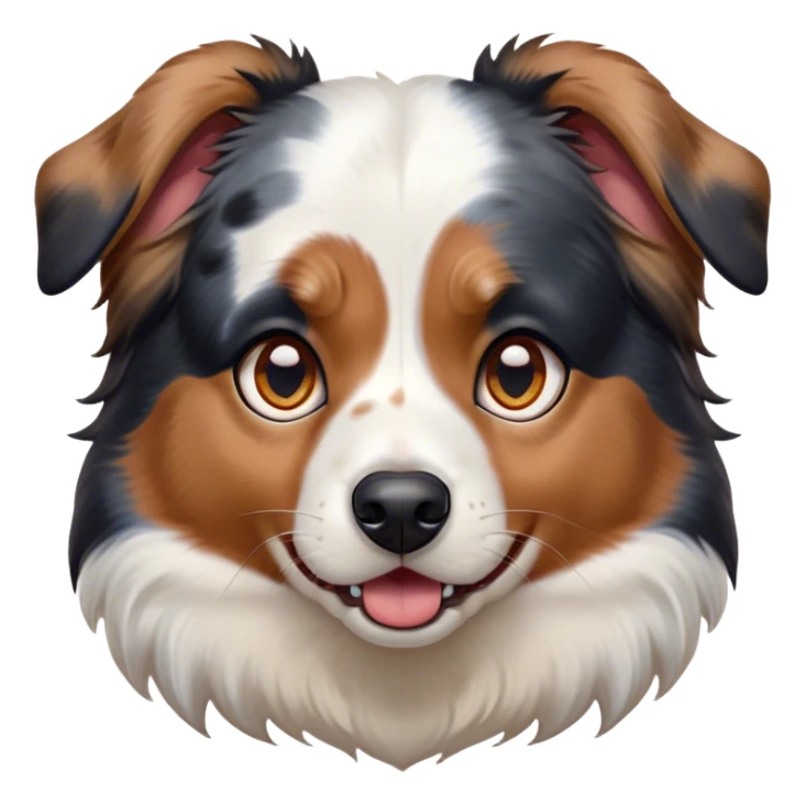 Cinematic Comical Calico Australian Shepherd Portrait Emoji, Head tilted dramatically with an exaggeratedly shocked or offended expression, predominantly white fur with striking black, tan, and red calico merle markings, wide, expressive blue eyes filled with exaggerated disbelief, Simplified yet hilariously expressive features, highly detailed, glowing with a slightly sassy glow, high shine, dramatic yet playful, stylized with an air of attitude, bright and endearing, soft glowing outline, capturing the essence of a sassy and over-the-top pup, so meme-worthy it feels like it could side-eye its way into internet fame instantly! sticker