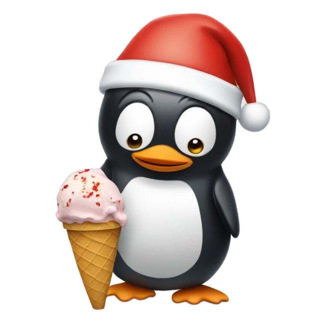 Penguin wearing Santa hat eating ice cream sticker