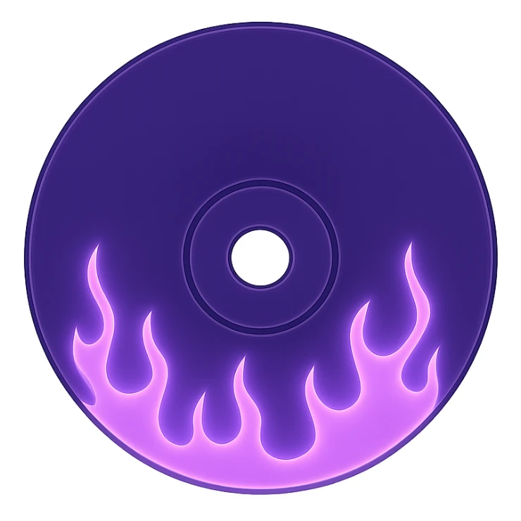 A minimalist CD disc with subtle pink flames, glowing effect, variation 2, color: purple sticker