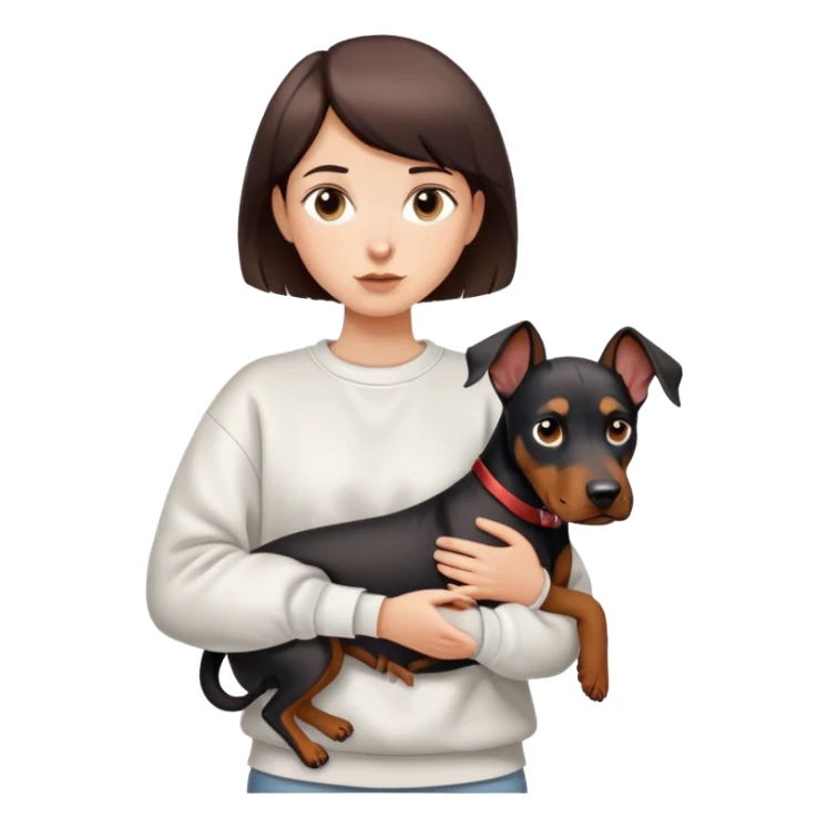 A short-haired girl in a white sweatshirt is holding a big Doberman dog sticker