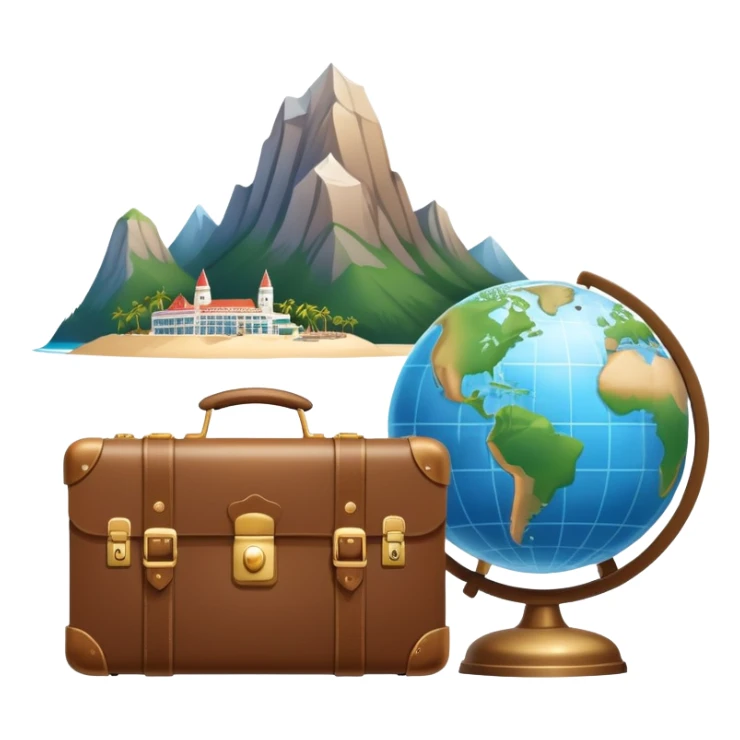 An icon featuring a suitcase, a hotel bell, and a globe, symbolizing tourism and hospitality. The design includes a scenic landmark, like a mountain or beach, and a check-in desk, representing travel and accommodation services. Transparent background sticker
