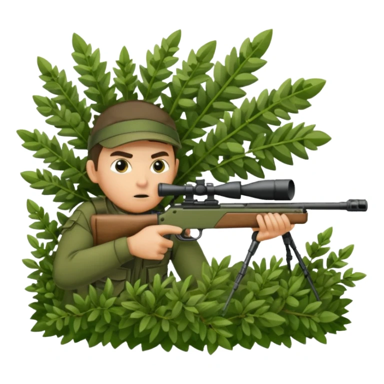 person sninping aiming with a long sniper in a big bush sticker