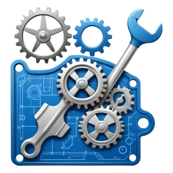 An icon featuring a wrench, gears, and a blueprint, symbolizing engineering. The design includes a circuit board, a hammer, and a compass, representing the creation and innovation of machines, structures, and technology. Transparent background sticker