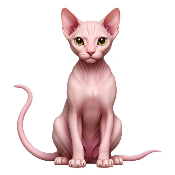 cinematic-[sphynx cat]-realistic-full-body-sitting-emoji,-tail-curled-playfully-around-its-paws,-head-tilted-dramatically,-sleek-[pink]-skin,-simplified-yet-realistic-focused-features,-highly-detailed,-glowing-with-an-almost-sarcastic-glow sticker