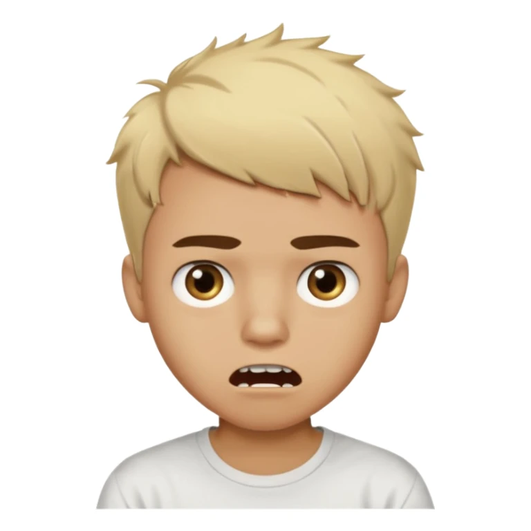 Short buzz, messy blonde hair. Dark brown bushy eyebrows large expressive golden-brown eyes, wearing a plain white t-shirt. Male Teenager. light Dark Brown skin color. Confused mouth gape showing teeth sticker