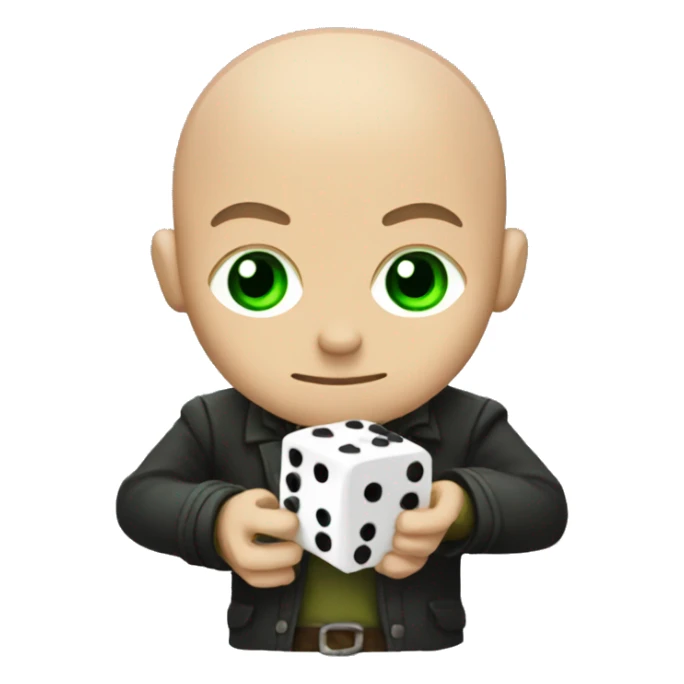 a guy with bald hair and green eyes with rpg dice in hands sticker