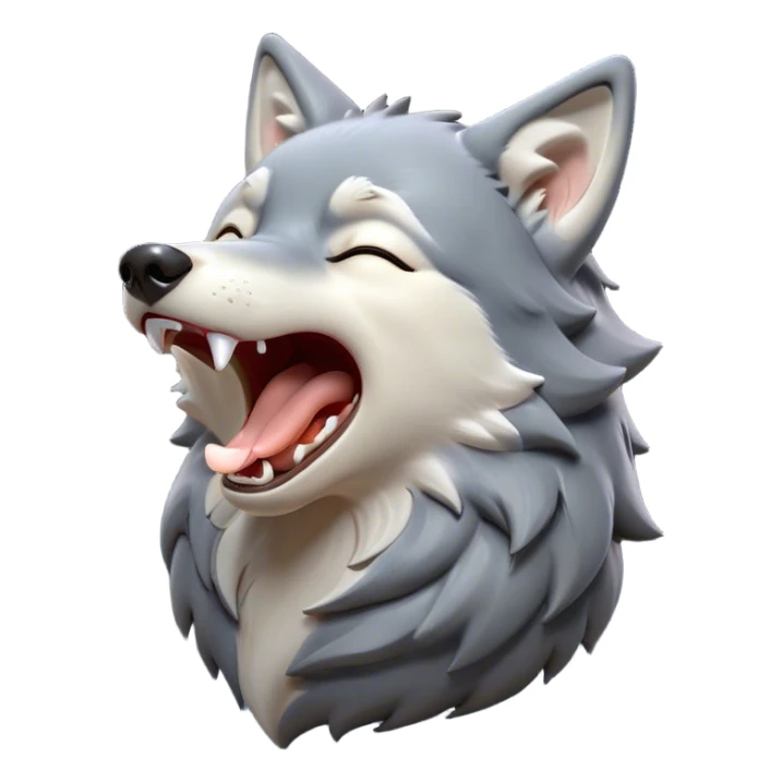 Cinematic Cute Yawning Wolf Portrait Emoji, Head tilted slightly with a dramatic, wide-open yawn, showcasing a smooth grey and white Fur with drooping ears, round eyes barely open in drowsy contentment, Simplified yet irresistibly adorable features, highly detailed, glowing with a soft, cozy glow, high shine, relaxed yet expressive, stylized with a touch of wild whimsy, bright and endearing, soft glowing outline, capturing the essence of a sleepy yet affectionate wolf, so drowsy it feels like it could stretch out of the screen and curl up for a nap! sticker