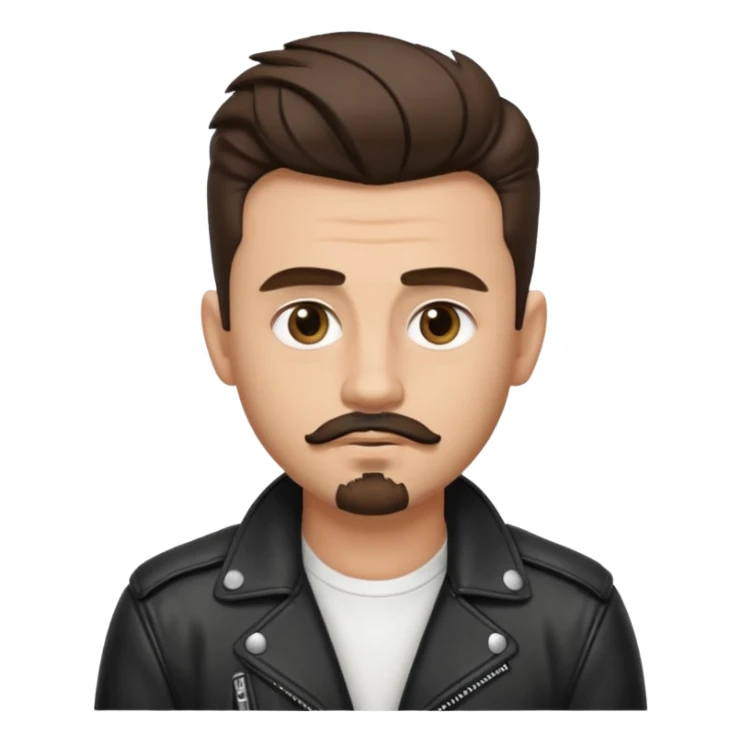 generate emoji style guy with slick James dean hair with front tendrils, mustache and goatee facial hair, wearing a white shirt and a black leather jacket , several silver piercings in ear, with dark brown hair and make eyes more almond shaped inspired by the image I shared sticker