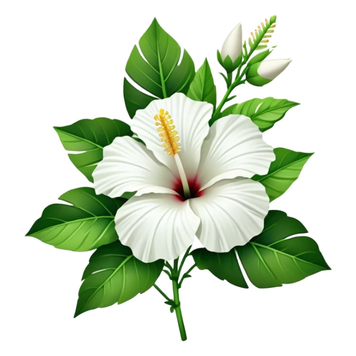 bouquet white Hawaiian hibiscus, luxuriant, stem, leaf, bud sticker