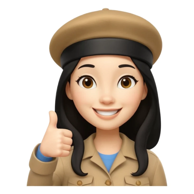 3D cartoon female character giving thumbs up, wearing beige beret, long black hair, smiling warmly with confident expression, clean white background, Pixar-style lighting, cute and friendly iPhone memoji aesthetic, high quality soft shading, centered composition sticker