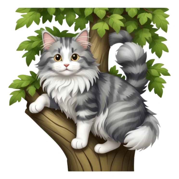 A fluffy Norwegian Forest cat climbing a tree, playful and adventurous, cartoon style, transparent background. sticker