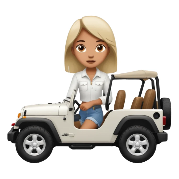 make the jeep white color, show a 45 degree angle and the girl giving a side look sticker
