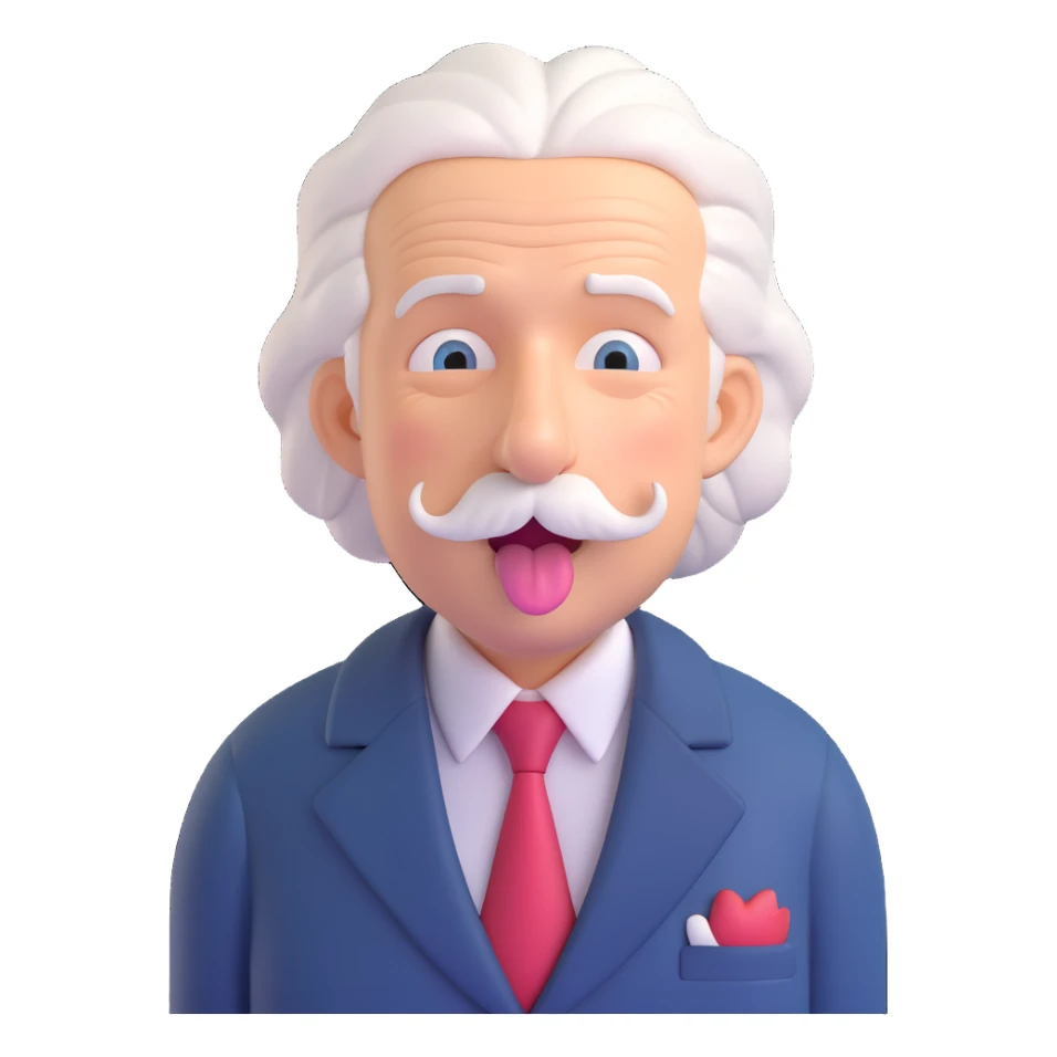 Einstein sticking his tongue out, 3D style, white hair, mustache, suit sticker