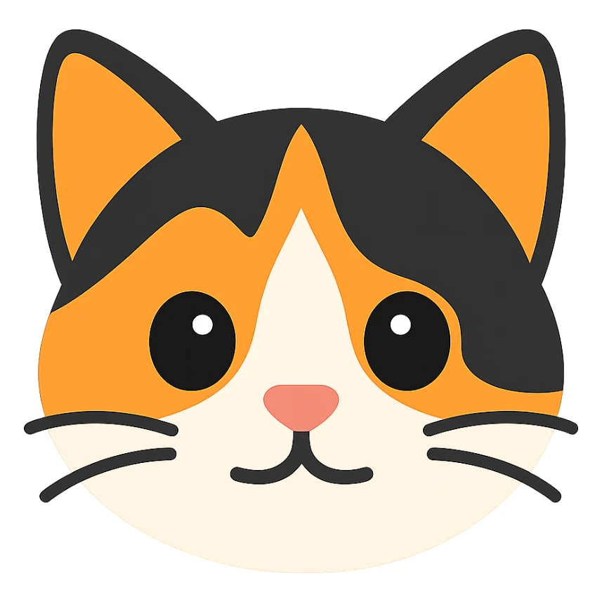 Create an apple emoji style calico cat kitten face. The face should be simple and cute with a round shape and big eyes. Use minimal details and depict the orange, black, and white calico pattern clearly. The background should be transparent. sticker