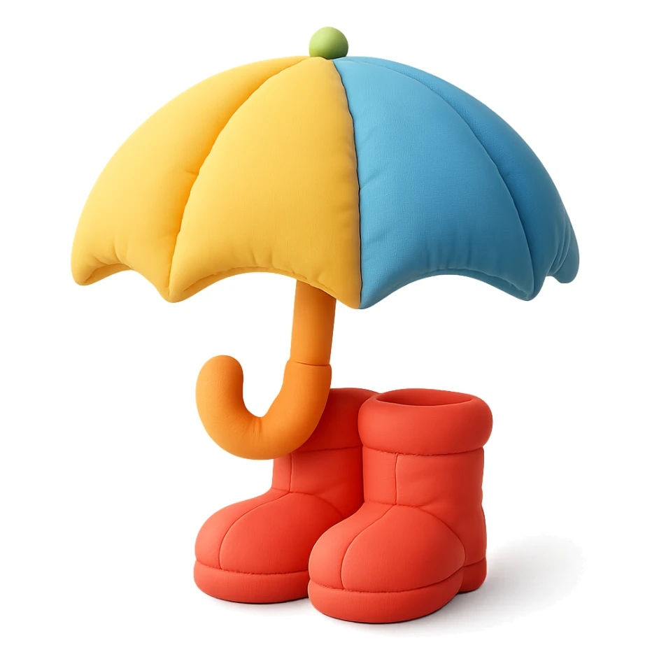 umbrella and rain boots, soft plush look, bright colors, cushion style sticker