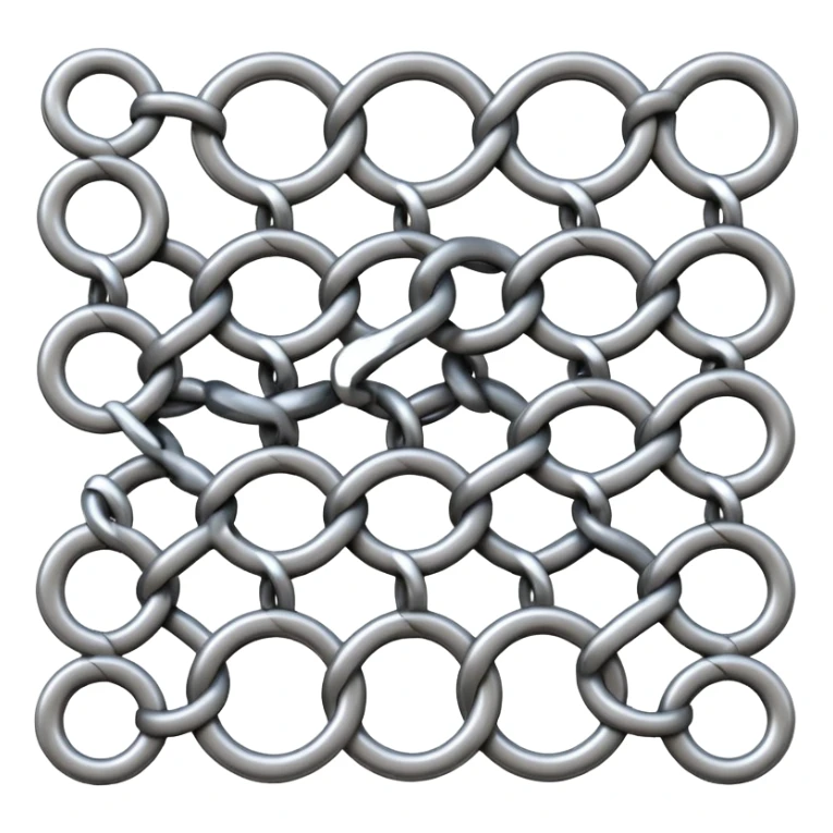 3D render of Screen Door Fragment, made of interlocking chainmail metal rings, wire mesh texture, visible holes and negative space, metallic silver and grey, high contrast shadows, emoji style, isolated on white background --v 6.0. sticker