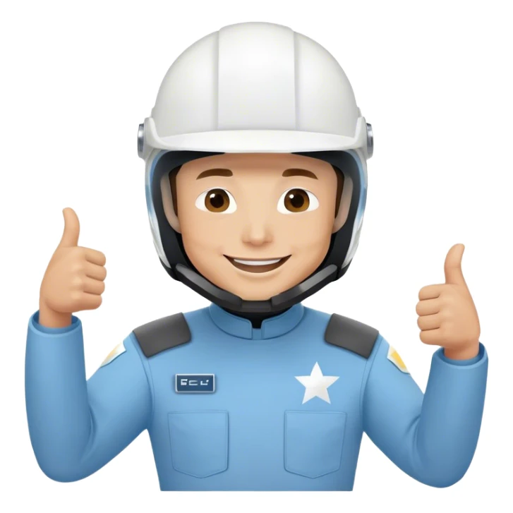 elon musk menggunkan helmet putih berseragam biru langit berlengan panjang dan tersenyum dan mengacungkan jempol sticker