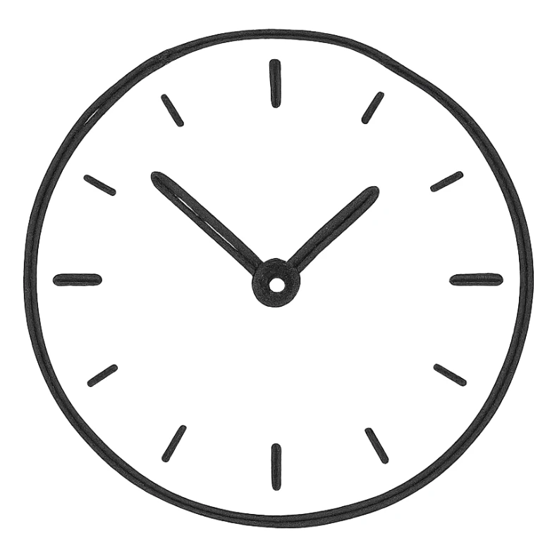 hand drawn sketch style clock, black lines, no fill, isolated on white background sticker