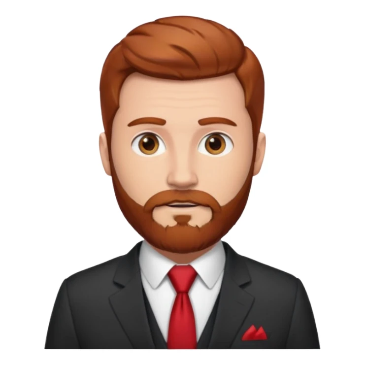 ["Fair-skinned man with reddish-brown hair and a full beard, wearing a suit and red tie."] sticker