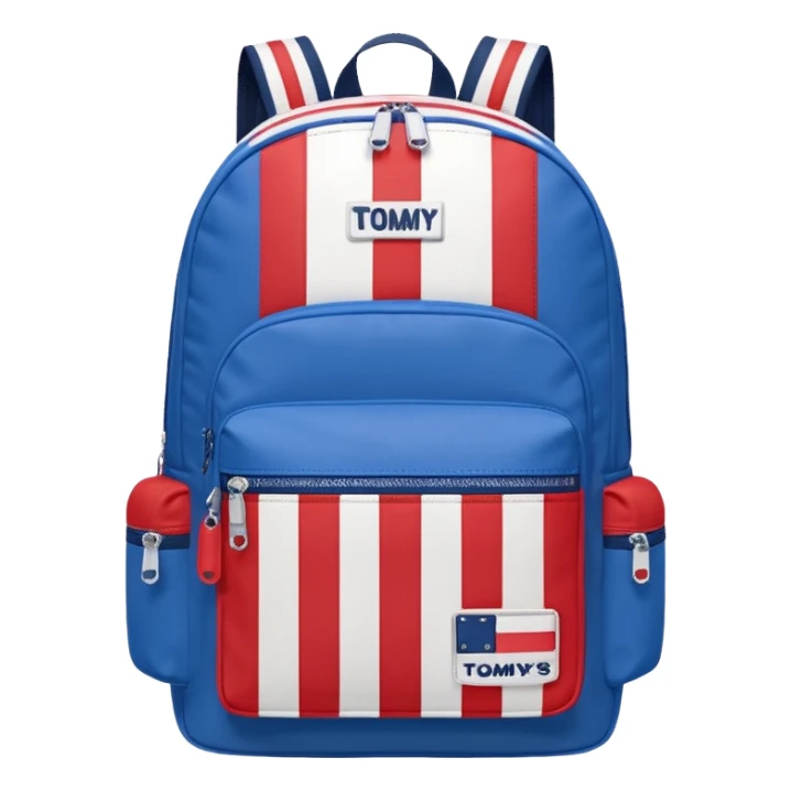 simple blue backpack, at the bottom pocket there is a  logo featuring a Tommy Jeans-inspired logo. The logo looks like a vertically one red, one white. The flag stripes are vertical, not horizontal. Flat

 sticker