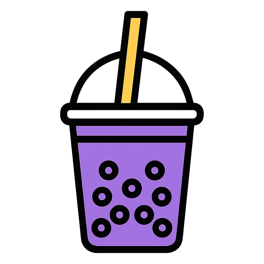 purple boba tea in a cup, minimal flat icon sticker