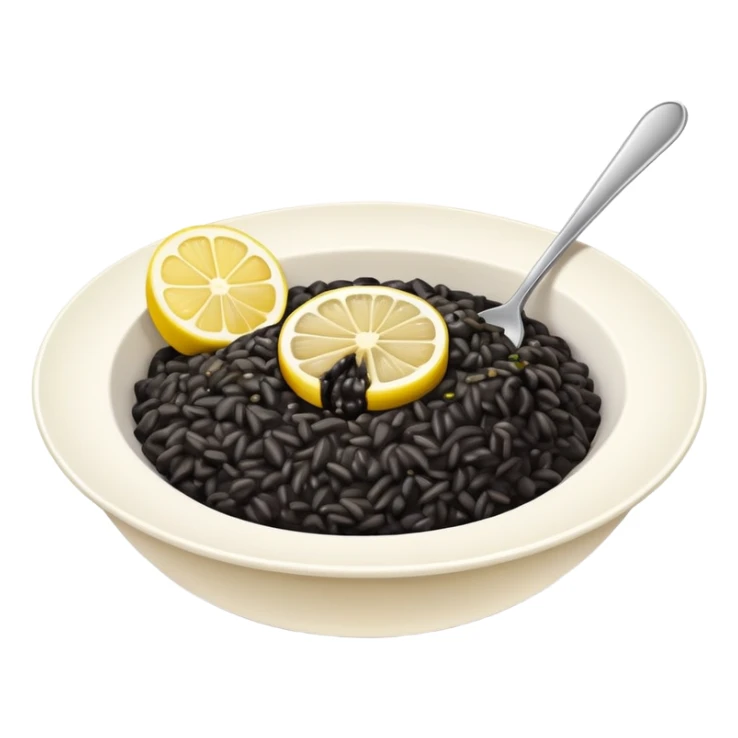 black risotto in a white bowl with a slice of lemon sticker