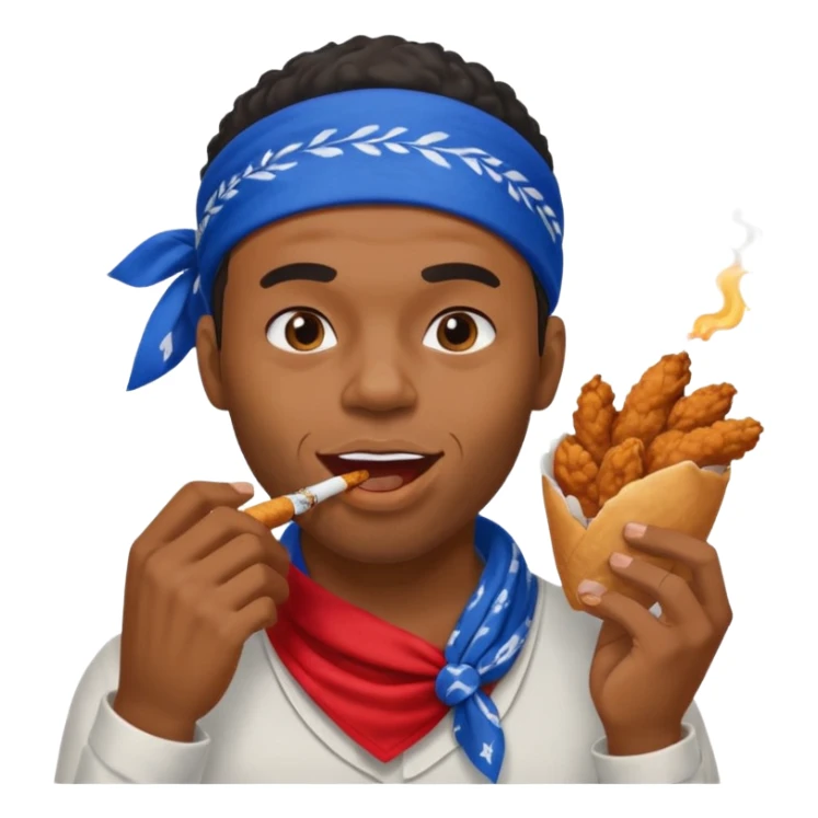 black man eating fried chicken with blue bandana and cigarette in teeth sticker