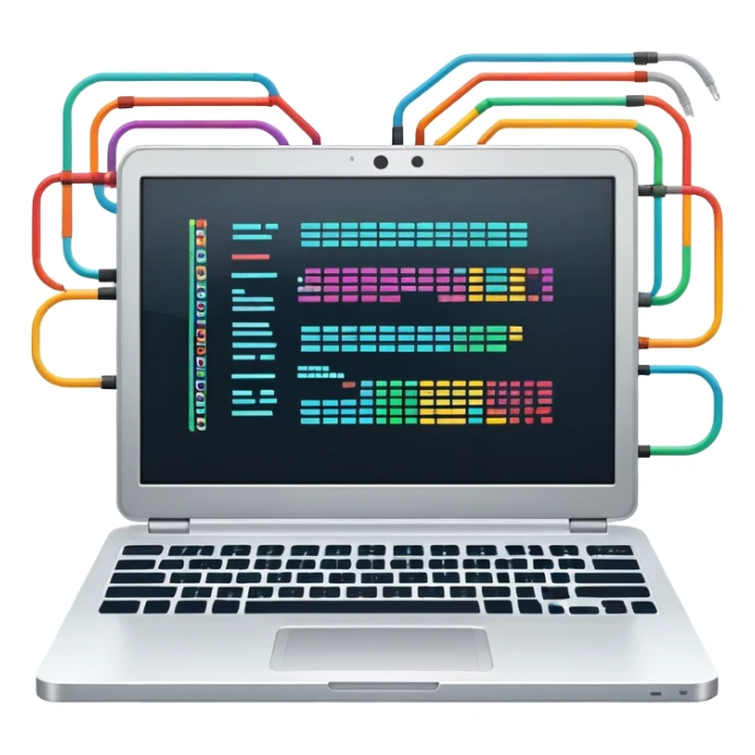 An icon featuring a laptop screen with colorful lines of code, brackets, and a blinking cursor, symbolizing programming. The design includes flowcharts, gear icons, and binary code, representing software development and logical problem-solving. Transparent background highlights the world of coding. sticker