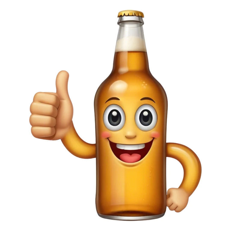 A beer bottle with a big smile and expressive eyes giving a thumbs-up sticker