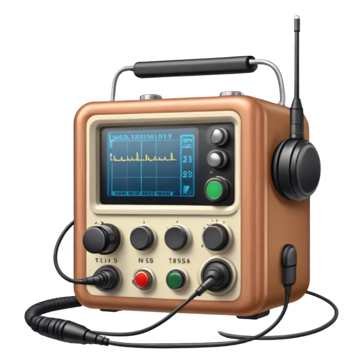 A photorealistic icon featuring a ham radio transceiver, headphones, microphone, antenna, and radio equipment like soldering tools and cables. The design includes detailed textures and realistic lighting, symbolizing the passion for amateur radio and communication. Transparent background. sticker