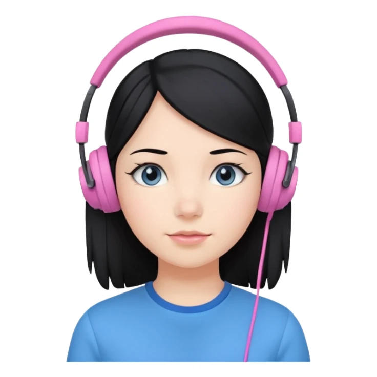 girl with black  hair, blue shirt and pink headset sticker