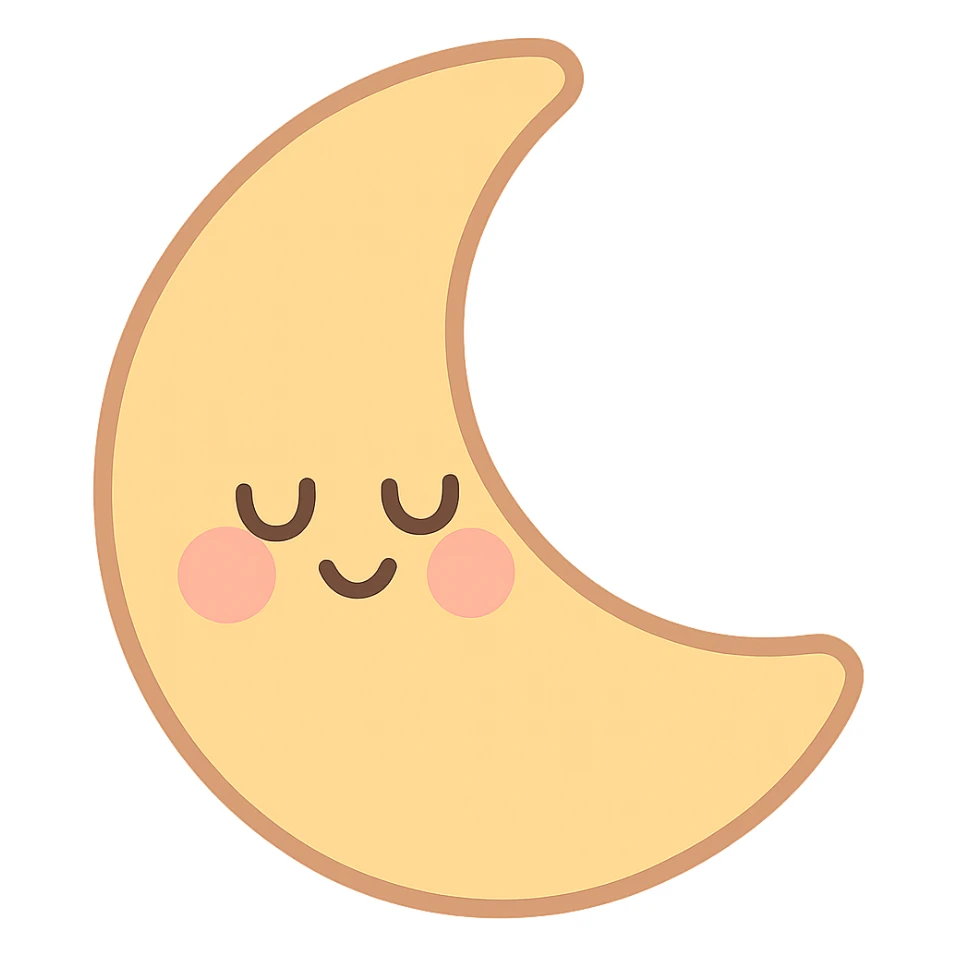 cute sleepy crescent moon, yellow, soft pastel palette, gentle smile, blushing cheeks, no arms or legs, full body, soft pastel kawaii style sticker