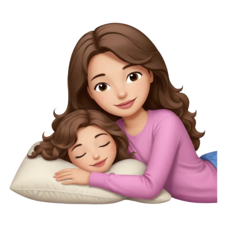 girl with wavy long brown hair, brown eyes, light to medium complexion, long lashes, light pink lipstick, smiling, wearing light pink shirt, sleeping on a cozy pillow sticker