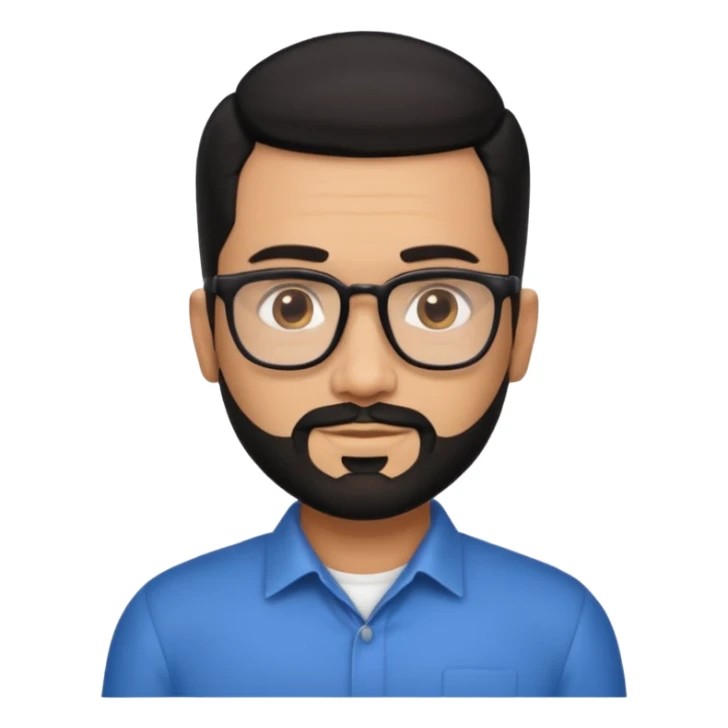 Attractive Hispanic TV host in his mid to late 40s with light brown skin, short straight black hair slicked back with fade on sides, heart handsome face with strong jawline, friendly approachable expression, black beard, wearing glasses sticker