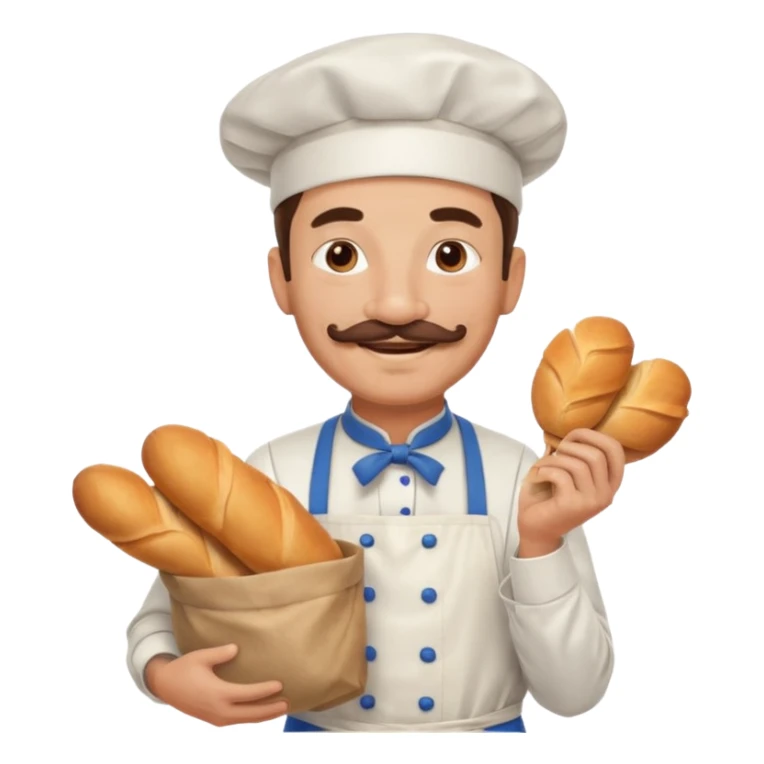 Middle aged male pastry chef - with a mustache, apron, white hat, holding a bag of bread sticker