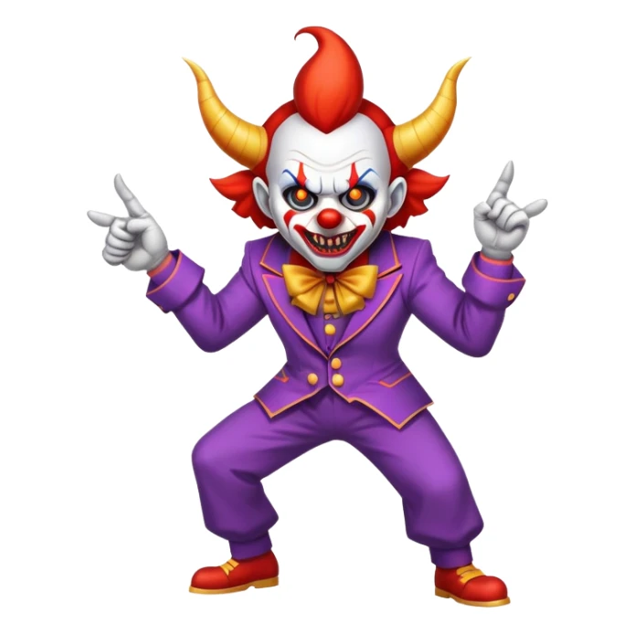 evil clown with horns, fangs, pointed ears, leisure suit, battle-ready, fighting posture sticker