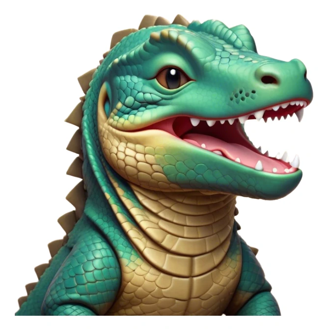 Cinematic Cute Yawning Komodo Dragon Lizard Portrait Emoji, Head slightly angled in a dramatic, wide-open yawn, showcasing rugged, textured scales and sleepy, half-closed eyes, Simplified yet irresistibly adorable features, highly detailed, glowing with a soft, cozy glow, high shine, relaxed yet expressive, stylized with a hint of whimsical wildness, soft glowing outline, capturing the essence of a drowsy yet endearing reptile that appears ready to stretch out for a nap! sticker