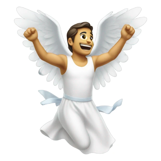 A flying man in white dress and light sticker