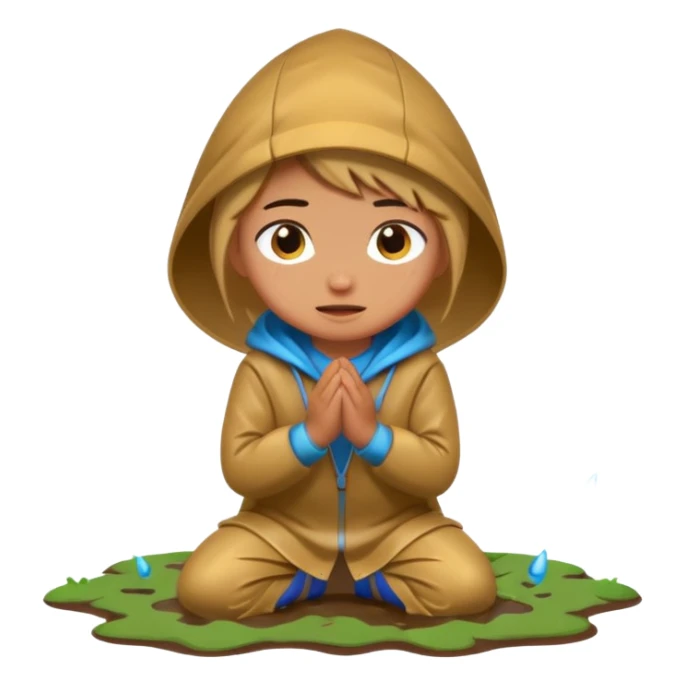 Character kneeling as rain hits the ground, one drop splashing exaggerated sticker