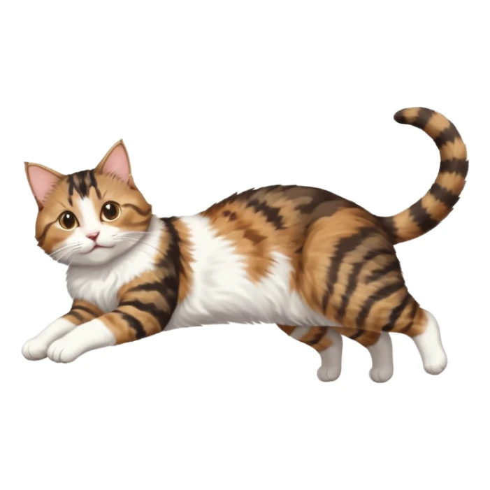 brown tabby and white cat with doing a big extremely long stretch reaching up into the air with arms and legs side by side together straight and overextended whilst lying on its side sticker