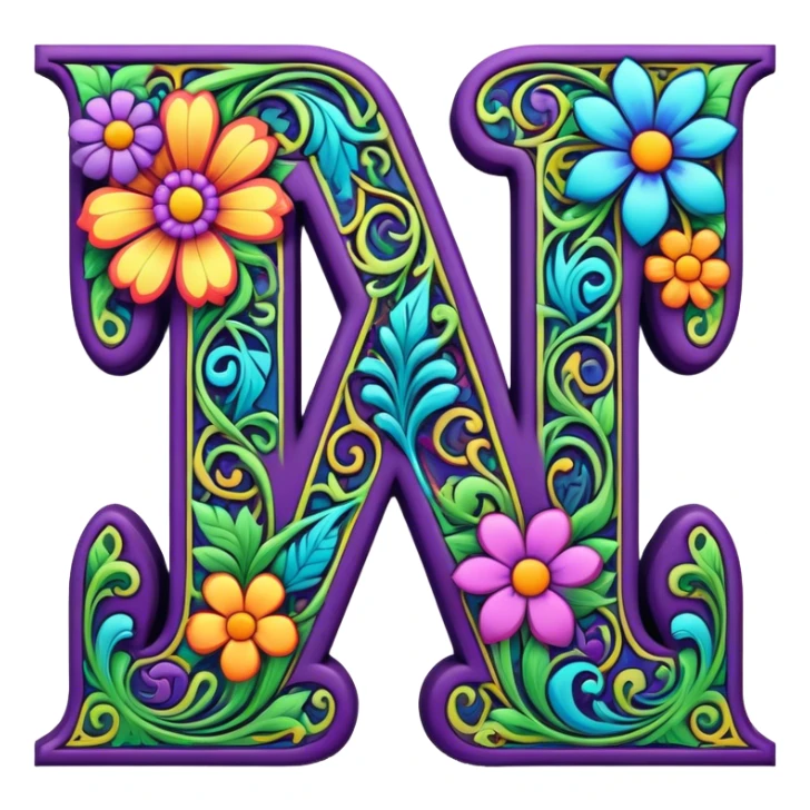 3D, gothic style psychedelic colored Letter W with hippie style flower border sticker