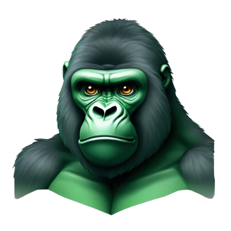 Create an emoji of a gorilla’s face with a determined and fierce expression. Use different shades of green for the entire design, matching the green color palette . The design should be bold and eye-catching sticker