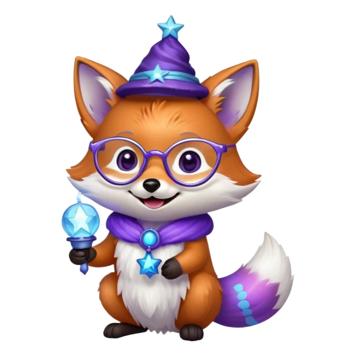 A small magical fox with shimmering purple and blue fur, a glowing fluffy tail, a silver star on its forehead, and round glasses, holding a tiny magical lantern, laughing with tears of joy in its eyes. 🦊😂 sticker