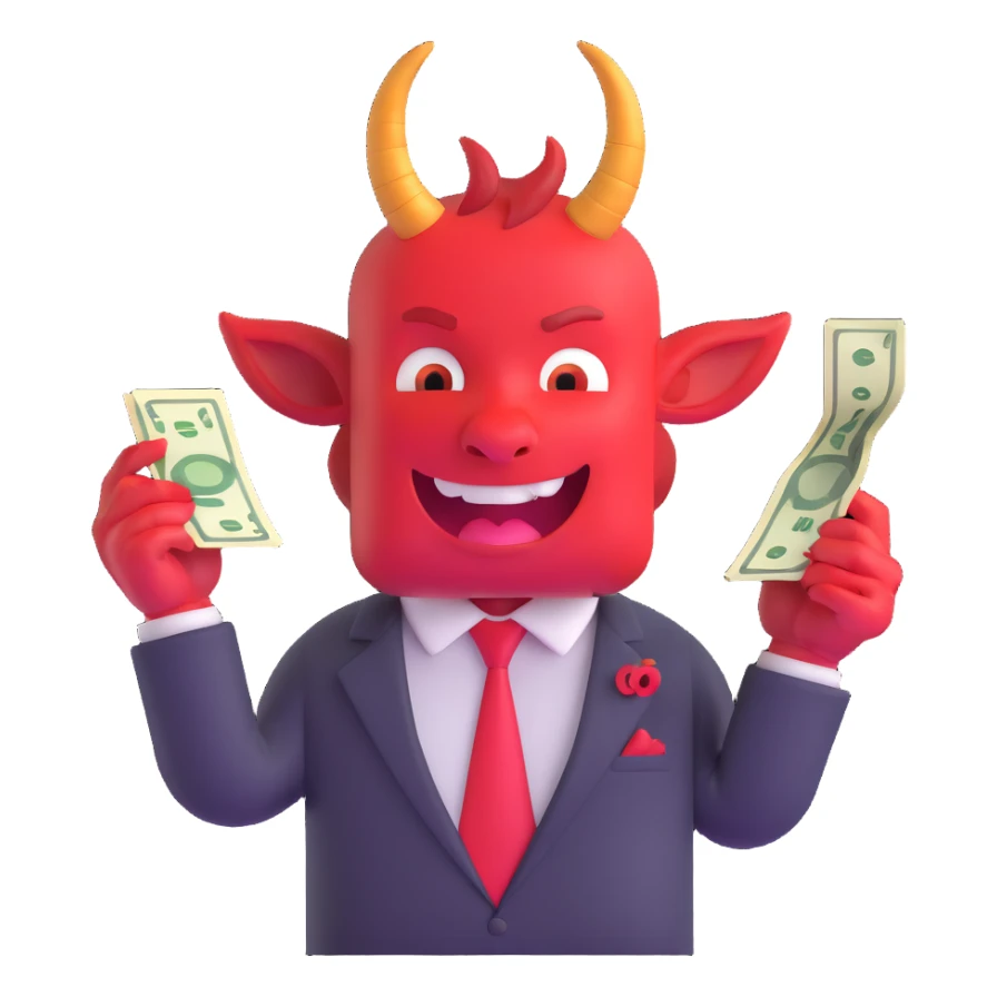 red devil with horns in business suit counting cash with greedy expression sticker